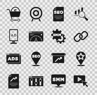 Reklamcılığı ayarla, yıldız, zincir linki, SEO optimizasyonu, web sitesi istatistiği, alışveriş arabası ve dolar ve sosyal medya pazarlama simgesi ile harita işaretleyiciyi ayarla. Vektör