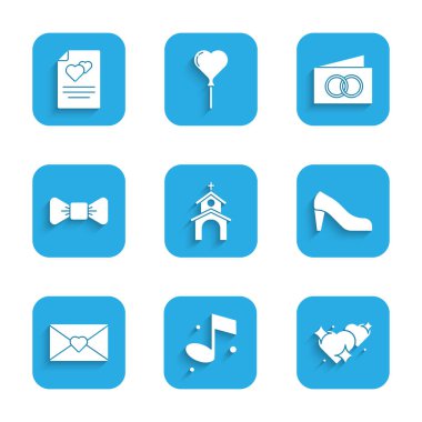 Kilise binası, müzik notası, İki Bağlı Kalpler, Kadın ayakkabısı, Sevgililer Günü kalbiyle Zarf, papyon, tebrik kartı ve ikon. Vektör