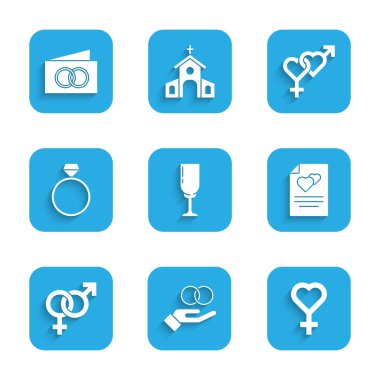 Bir kadeh şampanya, alyans, kadın cinsiyet sembolü, tebrik kartı, cinsiyet, elmas nişan ve ikon. Vektör