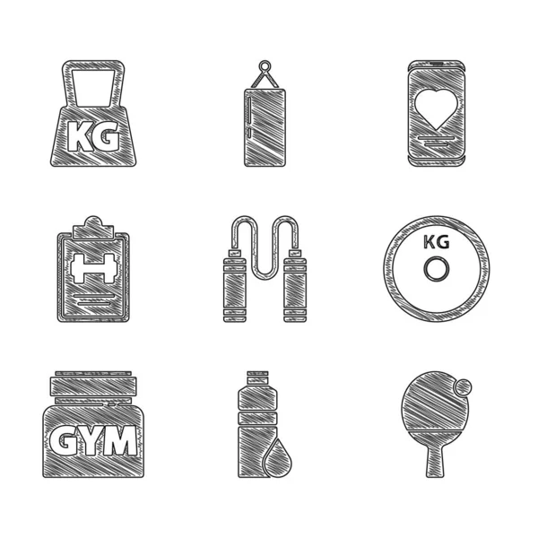 Set Jump rope, Fitness shaker, Racket and ball, Weight plate, Sports nutrition, training program, Mobile with heart rate and icon. Vector — Stock Vector