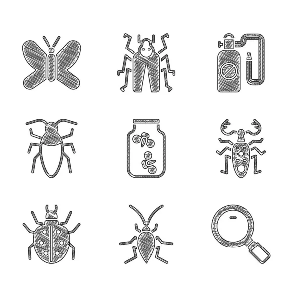 Set di insetti lucciole in un vaso, scarafaggio, lente d'ingrandimento, cervo coleottero, acaro, spruzzatore a pressione e icona della farfalla. Vettore — Vettoriale Stock