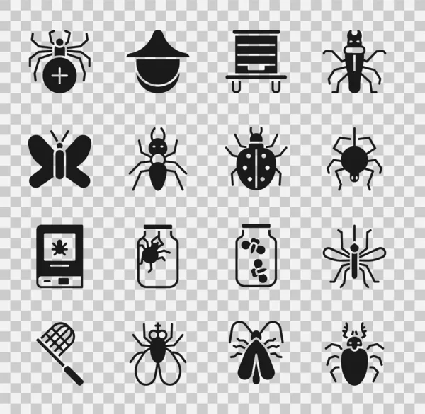 Set Käfer Hirsch, Mücke, Spinne, Bienenstock, Ameise, Schmetterling und Milbe Symbol. Vektor — Stockvektor