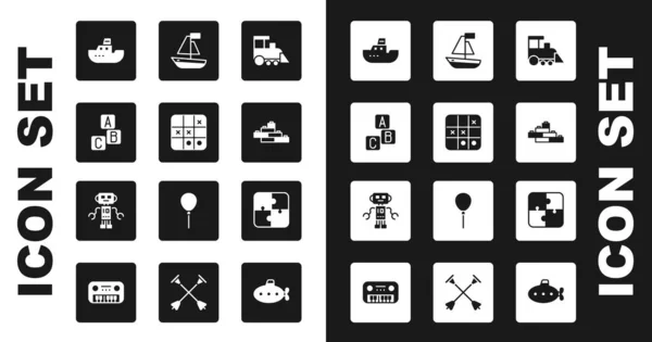 Set Toy treno, Tic tac toe gioco, blocchi ABC, barca, mattoni da costruzione, Puzzle pezzi giocattolo e icona del robot. Vettore — Vettoriale Stock