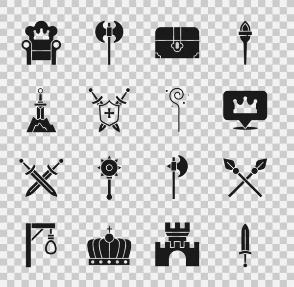 Набор средневекового меча, скрещенные средневековые копья, корона местонахождения, античный сундук с сокровищами, щит с мечами, меч камень, трон и значок волшебного посоха. Вектор — стоковый вектор
