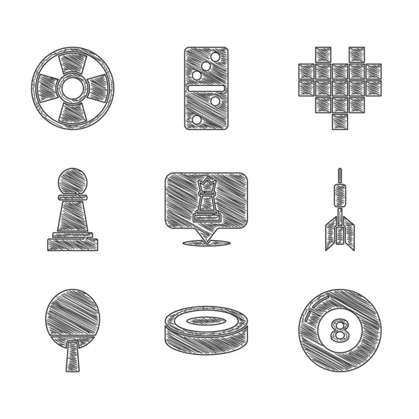 Satranç, dama fişleri, bilardo topu, dart oku, raket, pikselin kalbi ve kumarhane ikonu. Vektör — Stok Vektör