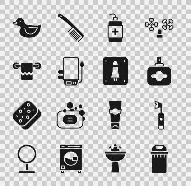 Çöp tenekesi, elektrikli diş fırçası, parfüm, el dezenfektanı, kazan, askıda havlu, lastik ördek ve kadın tuvalet ikonu. Vektör