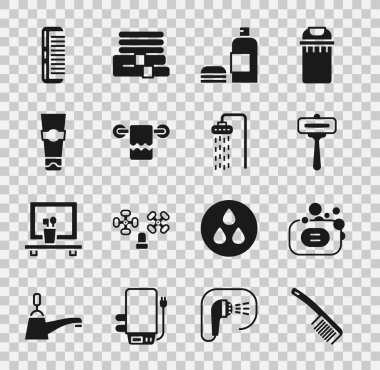 Saç fırçası, sabun, tıraş bıçağı, şişe şampuanı, askıda havlu, tüp diş macunu ve duş ikonu. Vektör