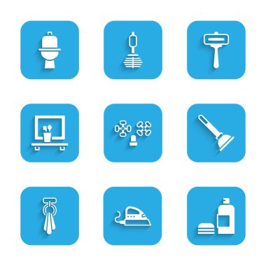 Su musluğu, elektrikli ütü, şampuan şişesi, lastik pompa, havlu askısı, lavabo aynası, tıraş bıçağı ve klozet ikonu. Vektör