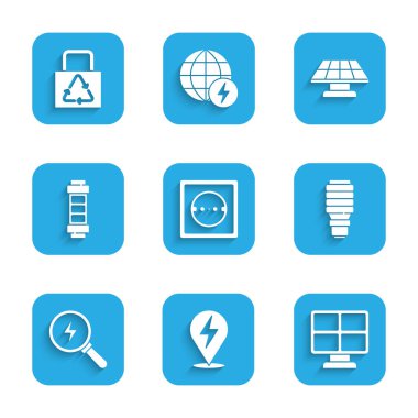 Elektrik prizi, şimşek, güneş enerjisi paneli, LED ampul, pil ve kağıt torbayı geri dönüşüm simgesiyle ayarla. Vektör