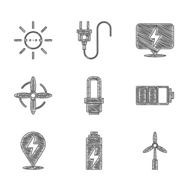 LED ampul, Batarya, Rüzgar türbini, Yıldırım ve Güneş enerjisi simgesini ayarla. Vektör