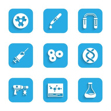 Hücre bölünmesini, kimyasal formülü, tüp ve matarayı, DNA sembolünü, sıvı tabancayı, şırıngayı ve biyolojik tehlike ikonunu ayarla. Vektör