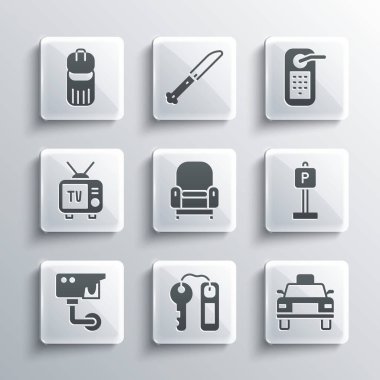 Otel kapı kilidi anahtarı, taksi arabası, park koltuğu, güvenlik kamerası, Retro TV, çöp kutusu ve dijital simge ayarla. Vektör