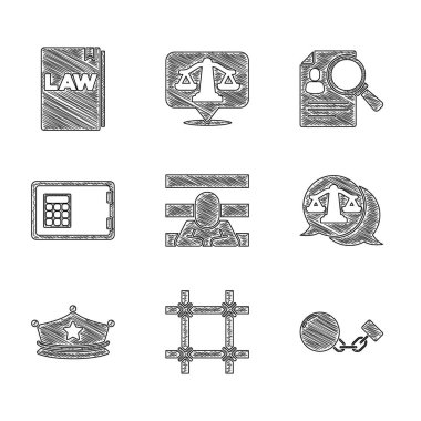 Mahkum, pencere, zincir, adalet terazisi, polis şapkası, kokain, kasa, kağıt analizi büyütme ve hukuk kitabı ikonu. Vektör