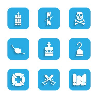 Alkol içeceği, rom, çapraz korsan kılıcı, korsan hazine haritası, kanca, Lifebuoy, göz bandı, çapraz kemikler ve Dynamite bomba ikonu. Vektör