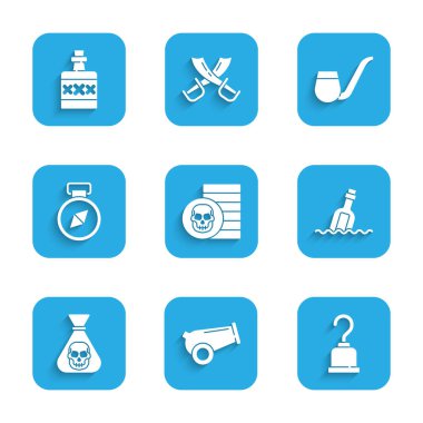 Korsan madeni para, top, kanca, mesaj suyu, pusula, tüttürme piposu ve alkollü içki ikonu. Vektör