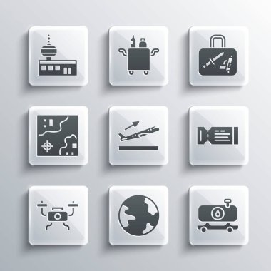 Dünya çapında, yakıt tankeri, uçak bileti, uçak kalkışı, İHA uçuşu, seyahat haritası, havaalanı kontrol kulesi ve çanta ikonu. Vektör