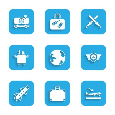 Dünya çapında, bavul, uçak inişi, havacılık amblemi, Roket, yemek için Trolley, Marshalling asaları ve yakıt tankeri ikonu. Vektör