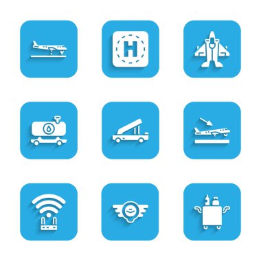 Yolcu merdiveni, havacılık amblemi, yemek için Trolley, uçak inişi, Wi-fi sinyali, yakıt tankeri, jet uçağı ve ikon ayarlayın. Vektör