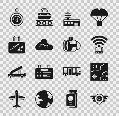 Havacılık amblemi, Dünya Seyahat Haritası, Router ve Wi-Fi sinyali, Havalimanı kontrol kulesi, Bulut hava durumu, Bavul, Barometre ve Jet motorlu türbin ikonu. Vektör