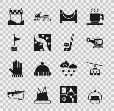 Kayak asansörü, teleferik, kurtarma helikopteri, kaykay parkı, güzergah konumu, bitiş çizgisinde konum işareti, kurdele ve buz hokeyi sopası ve disk ikonu. Vektör