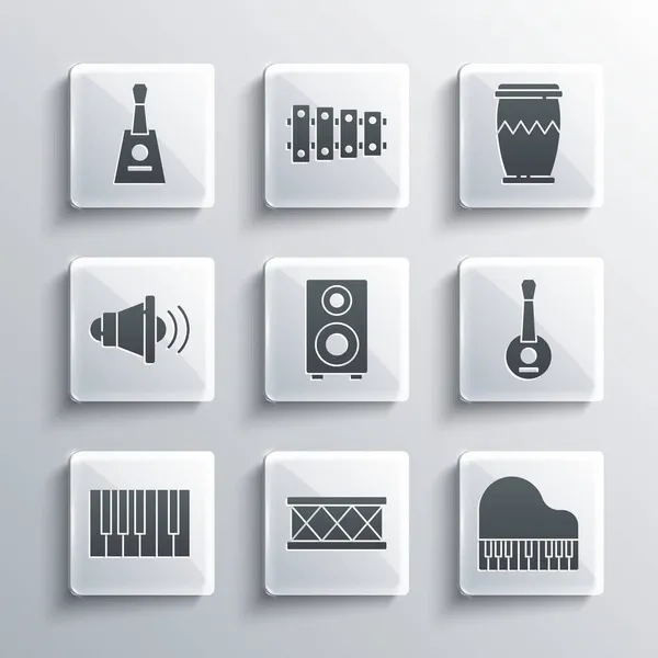 Set Batterie, piano à queue, Banjo, haut-parleur stéréo, volume haut-parleur, Balalaika et icône. Vecteur — Image vectorielle