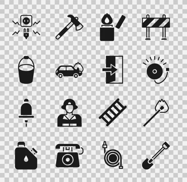 Set Fire shovel, Burning match with fire, Ringing alarm bell, Lighter, car, bucket, Electricity spark and exit icon. Vector — Stock Vector