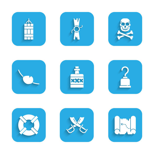 Сет Алкоголь пить ром, скрещенные пиратские мечи, пиратские карты сокровищ, крюк, Lifebuoy, повязка на глазу, череп на перекрестках и Динамит бомбы значок. Вектор