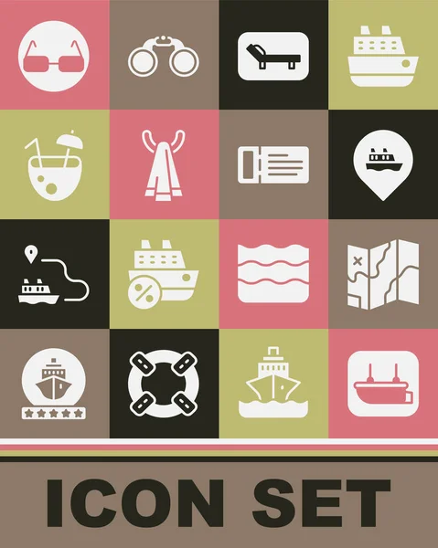 Set Lifeboat, Folded map, Helyszín sétahajó, Napágy és esernyő, Törülközőtartó vállfa, Kókusz koktél, Szemüveg és Cruise jegy ikon. Vektor — Stock Vector