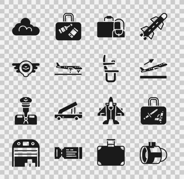 Nastavte proudovou turbínu, kufr, vzlet letadla, letecký emblém, oblačné počasí a ikonu sedadla letadla. Vektor — Stockový vektor