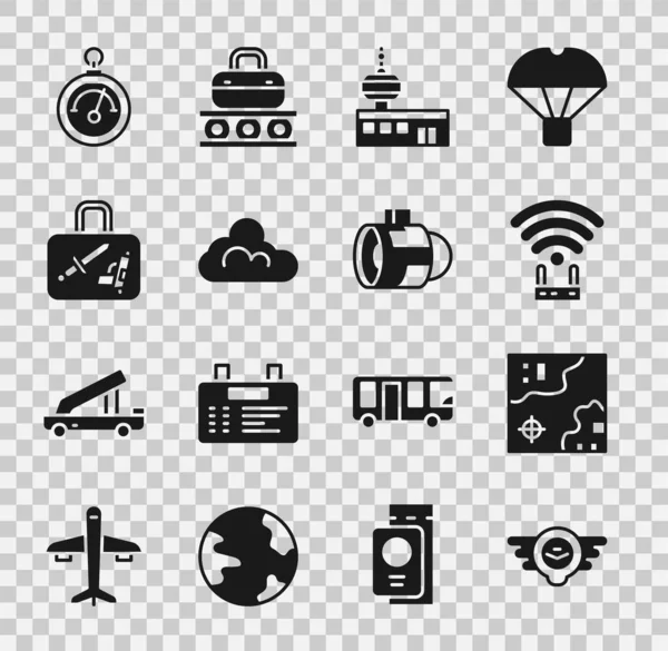 Havacılık amblemi, Dünya Seyahat Haritası, Router ve Wi-Fi sinyali, Havalimanı kontrol kulesi, Bulut hava durumu, Bavul, Barometre ve Jet motorlu türbin ikonu. Vektör