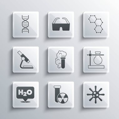 Test tüpü radyasyonu, bakteri, matara, kimyasal patlama, H2O formülü, mikroskop, DNA sembolü ve simgesi. Vektör