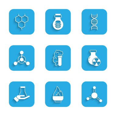 Kimyasal patlama, alkol veya ruh yakıcı, molekül, test tüpü radyasyonu ve matara, DNA sembolü ve formül simgesini ayarlayın. Vektör