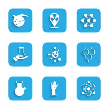 Molekül, tıbbi lastik eldivenler, atom, kimyasal formül, test tüpü, matara ve ikon. Vektör
