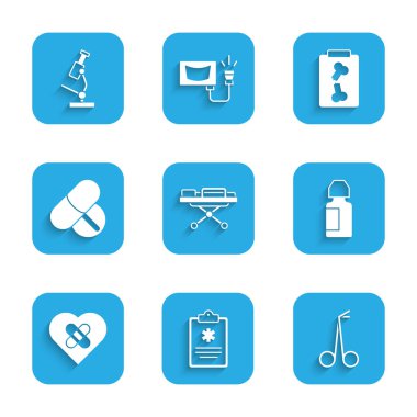 Sedye, klinik kayıtları, tıbbi makas, göz damlası şişesi, iyileşmiş kalp, ilaç tableti, röntgen fotoğrafları ve mikroskop ikonu. Vektör