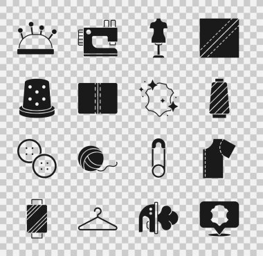 Deri, dikiş deseni, makarada iplik, manken, tekstil kumaş rulo dikiş için yüksük, iğne, iğne ve ikon. Vektör