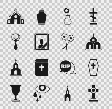 Grave 'i haç, tabut, kilise binası, vazo, yas tutan fotoğraf çerçevesi, kravat ve ikon ile ayarla. Vektör