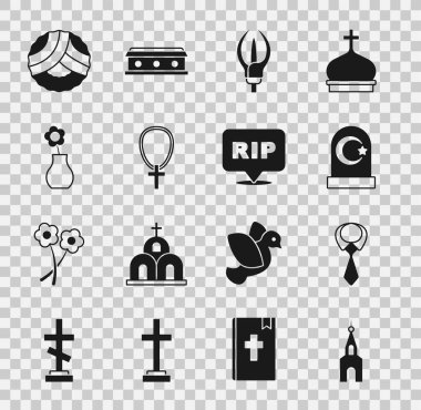 Kilise binası, kravat, Müslüman mezarlığı, Zambak çiçeği, Hıristiyan haçı zinciri, çiçek vazosu, Anma çelengi ve konuşma baloncuğu ölüm ikonu. Vektör