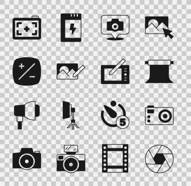 Kamera kepengi, fotoğraf makinesi, boş fotoğraf stüdyosu rötuş, pozlama tazminatı ve grafik tablet simgesini ayarla. Vektör