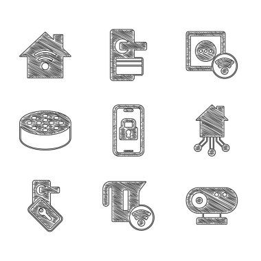 Dijital kapı kilidini, akıllı elektrikli çaydanlığı, web kamerasını, evi, su sensörünü, elektrik prizini ve kablosuz ağ ikonunu ayarla. Vektör