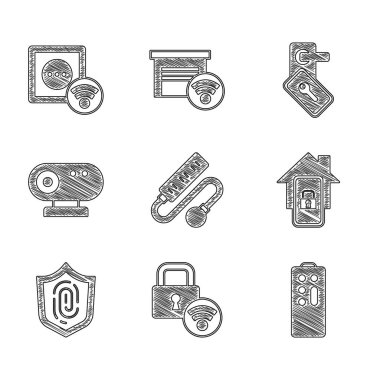 Elektrik uzatma kablosu, dijital kapı kilidi, uzaktan kumanda, akıllı evi, parmak izi, web kamerası ve Smart elektrik çıkış ikonu olan mobil. Vektör