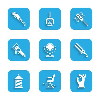 Makyaj aynası, berber koltuğu, tıbbi lastik eldivenler, saç makasları, saç fırçası ve ikon. Vektör