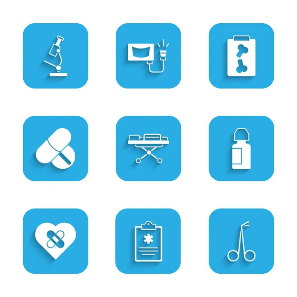 Stretcher, Clinical record, Medical scissors, Eye drop bottle, Healed broken heart, Medicine diction tablet, X-ray shot, Microscope icon. Vector — 스톡 벡터