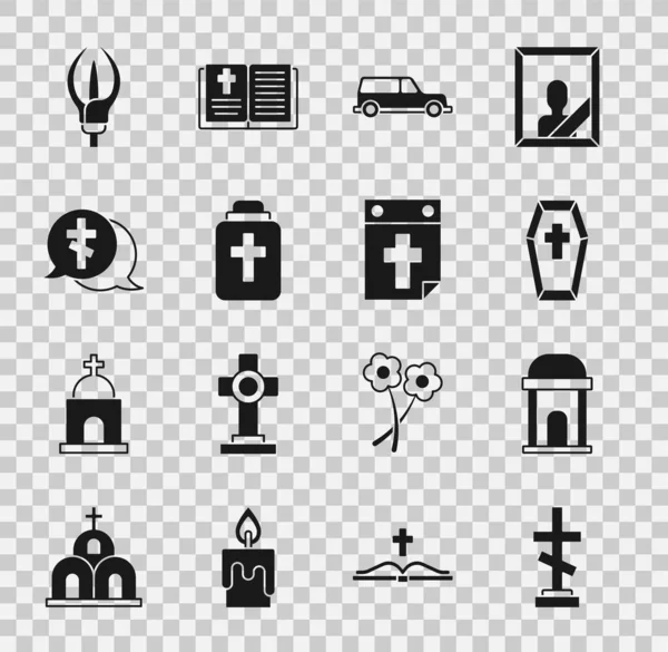 Set Tombeau avec croix, vieille crypte, cercueil, voiture de corbillard, urne funéraire, fleur de lys et calendrier icône de la mort. Vecteur — Image vectorielle