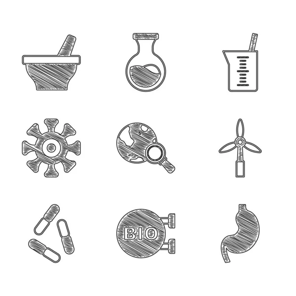 Set Magnifying glass with globe, Bio healthy food, Human stomach, Wind turbine, Virus, Bacteria, Laboratory glassware or beaker and Mortar and pestle icon. Vector — Stock Vector