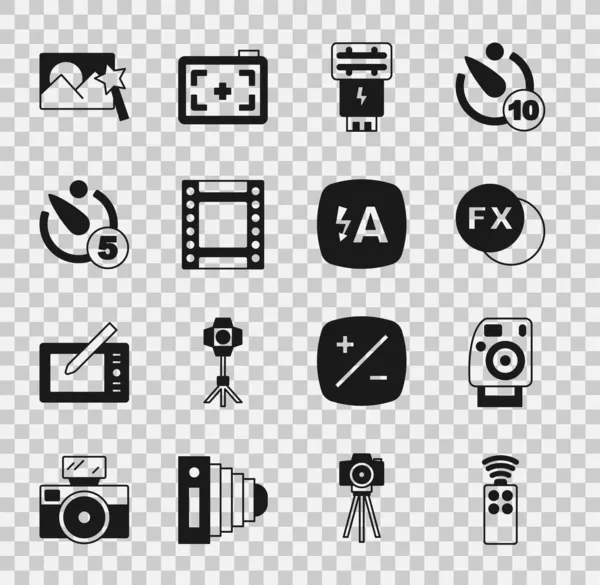 Kamera, fx, flash, kamera rulo kartuşu, zamanlayıcı, rötuşlama ve otomatik simge için uzaktan kumandayı ayarla. Vektör