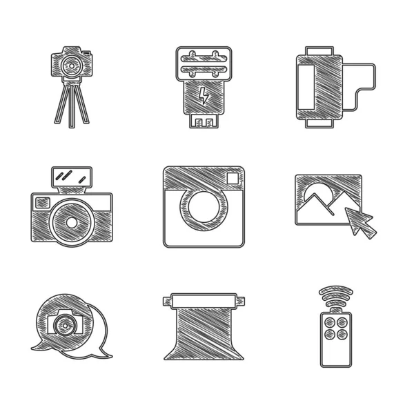 Set Photo câmera, estúdio de fotografia vazio, controle remoto para, retoque, com flash, cartucho de rolo de câmera e ícone. Vetor —  Vetores de Stock