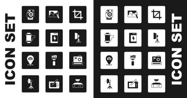 Set Foto zuschneiden, Akku für Kamera, Kamera Rolle Patrone, Foto, Softbox Licht, Retusche und Symbol. Vektor — Stockvektor