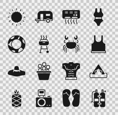 Aqualung, turist çadırı, kolsuz tişört, klima, ızgara ızgara yüzme yüzüğü, güneş ve yengeç ikonu. Vektör