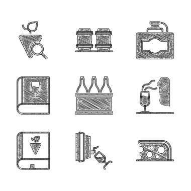 Şarabı kutuya koyun, şarap tatma, degukasyon, peynir, şarap garsonu, üzüm, karton ve üzüm ikonu hakkında kitap. Vektör