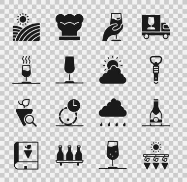 Kurutulmuş üzümler, şampanya şişesi, şişe açacağı, şarap tatma, degulasyon, cam, üzüm bağı şarabı ve güneş ve bulut hava ikonu. Vektör